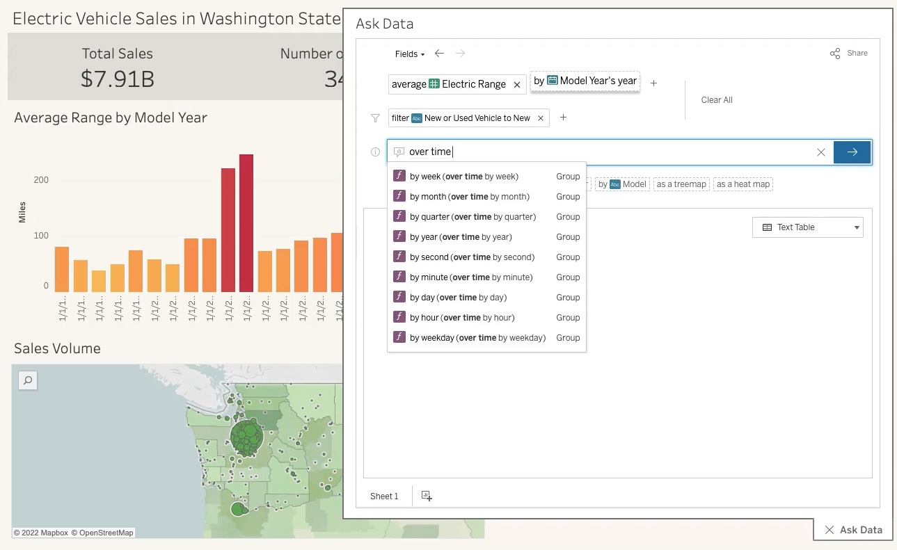 Tableau's Ask Data interface on a dashboard about electric vehicles in Washington state, showing how the user is guided through a natural language experience to query data by typing and making selections for fields and filters.