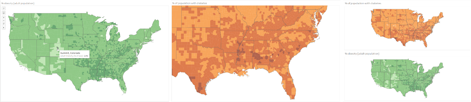 Side by side view of three maps of the US that explore obesity rates