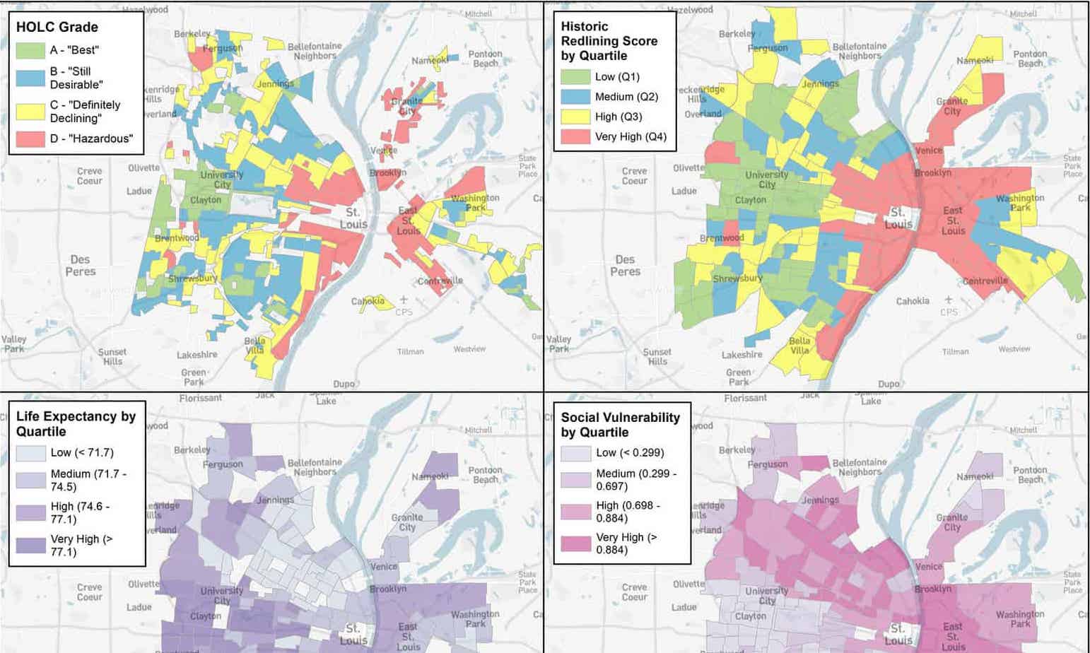 Map from NCRC showing redlining patterns in St Louis