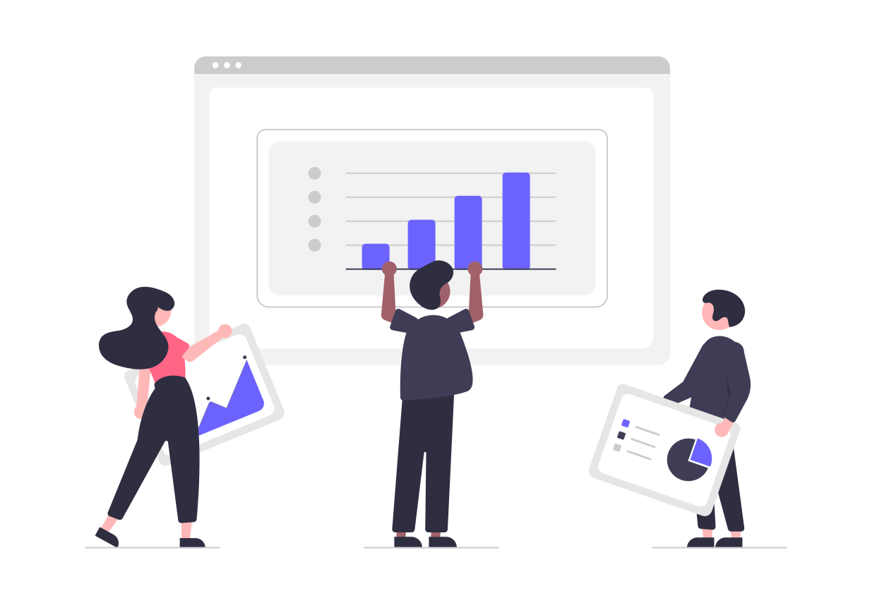 Digital illustration of 3 people holding up computer web pages of dashboards