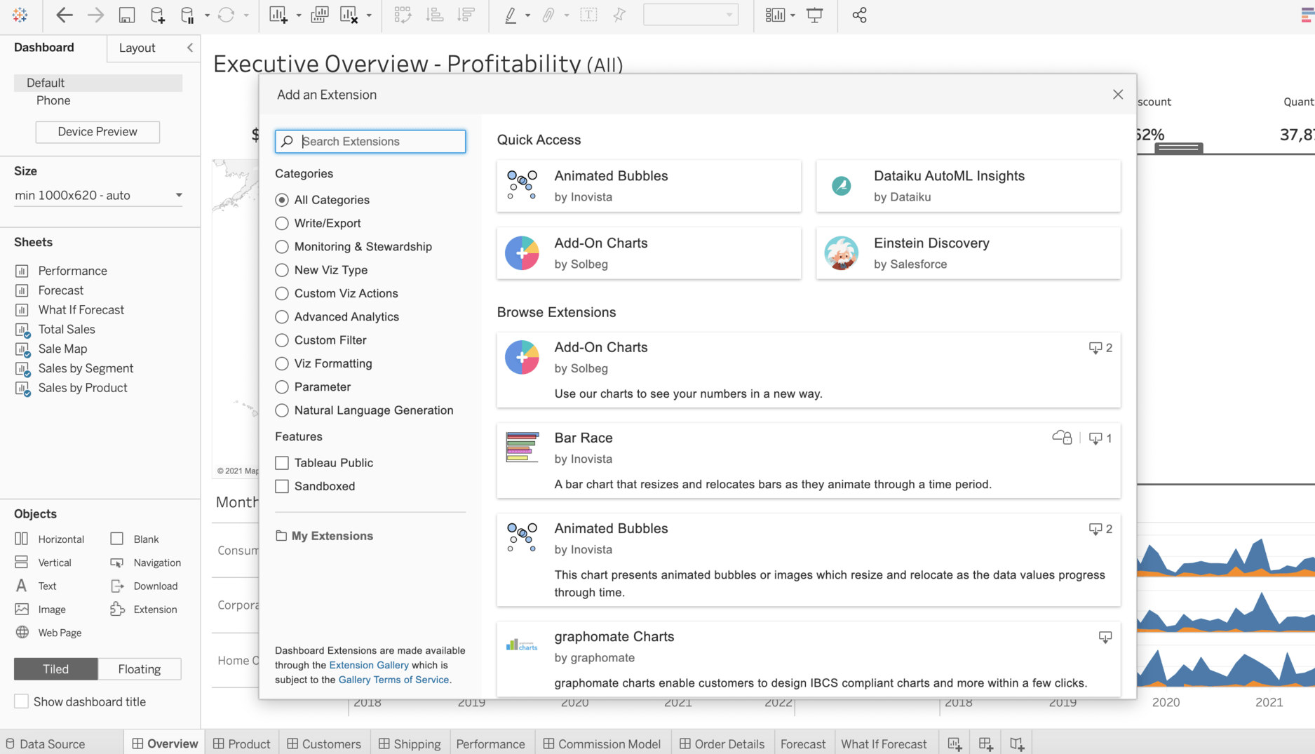 A window within the Tableau interface displaying the in-product Tableau Exchange 