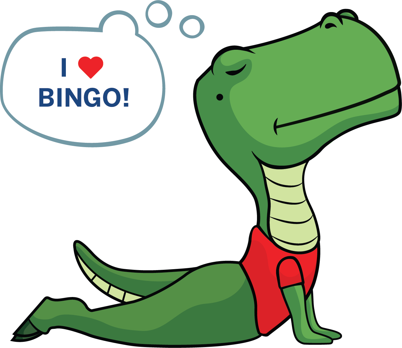 DataDev mascot: Dinosaur doing yoga, thinking "I ♥️ bingo"