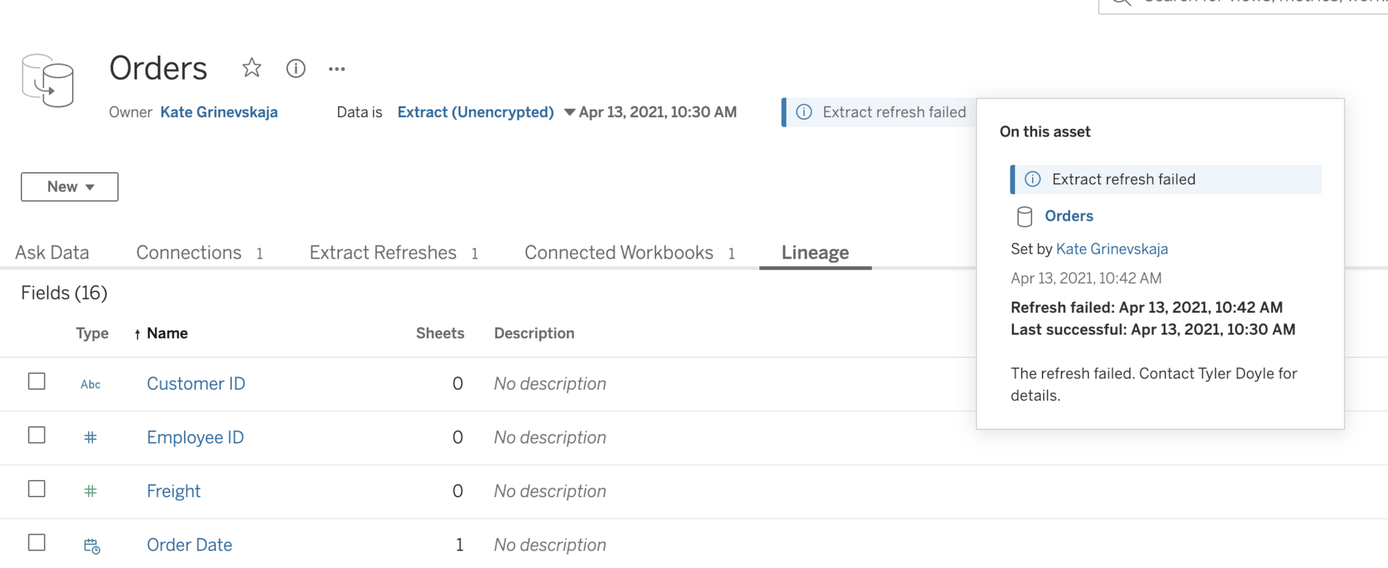 Tableau Catalog extract failure