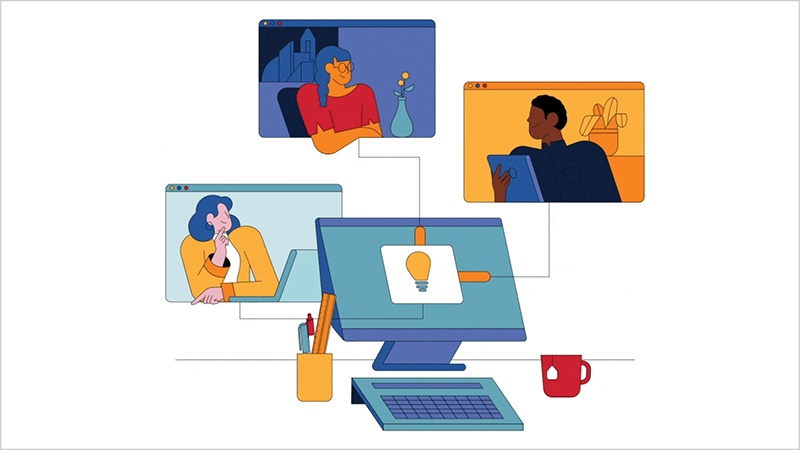 Illustration of laptop screen with pop-up screens of people collaborating as part of a Data Culture while working remotely
