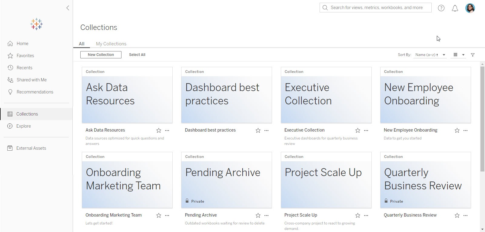 An image of the Collections feature in Tableau, which shows analytical content organized by themes or projects, such as Ask Data Resources, Onboarding Marketing Team, and Quarterly Business Review