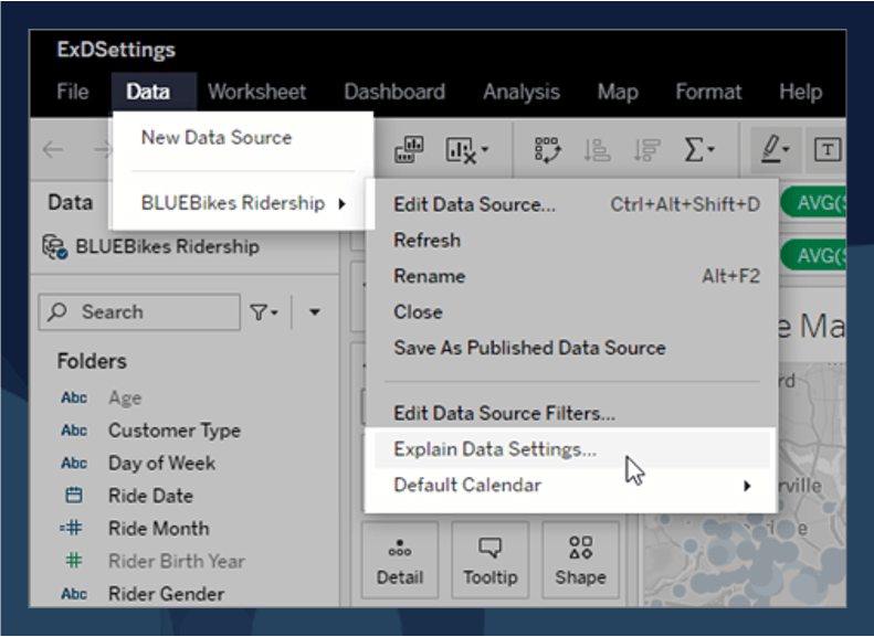 An image of the Tableau interface where the Data menu in a data source is expanded and the Explain Data Settings option is highlighted