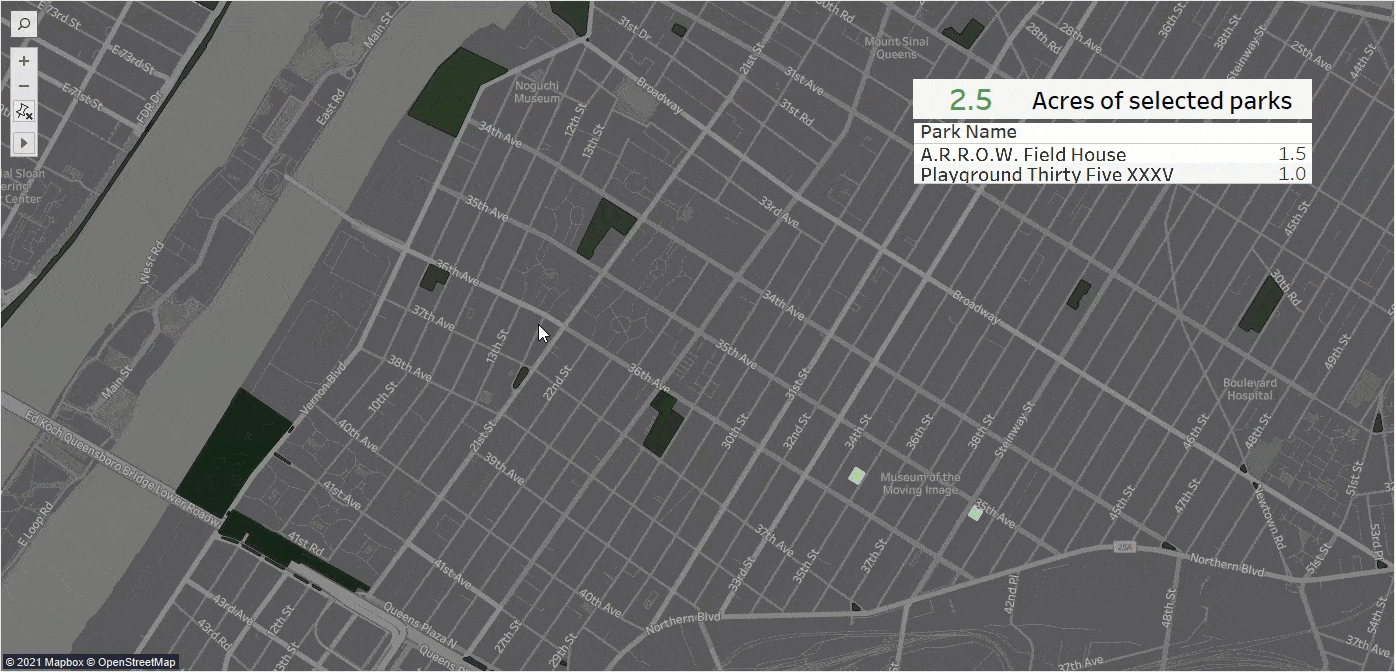 Map of New York City in Tableau, displaying a calculation of 22 acres of parks within a radius of .35 miles that appears with the drag of the cursor.
