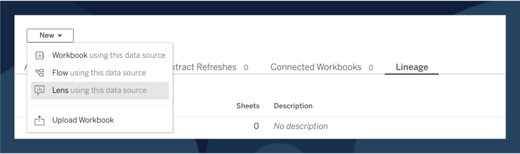 An image of the Tableau interface showing a user creating a new lens from a data source page