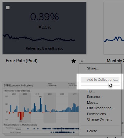 An image of an action menu in Tableau where the user is selecting Add to Collections to add this data asset to a collection