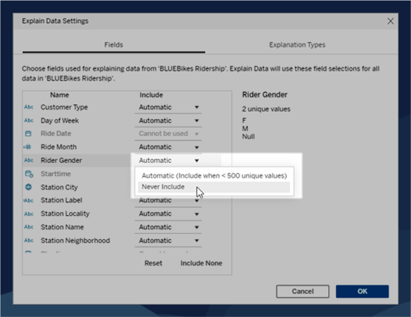 Analysed Fields in Explain Data - Tableau