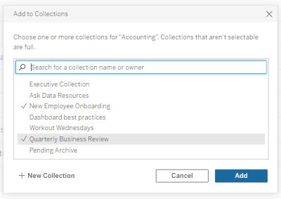 An image of the Collections feature dialog in Tableau, where a user is selecting which collections the data asset will be added to