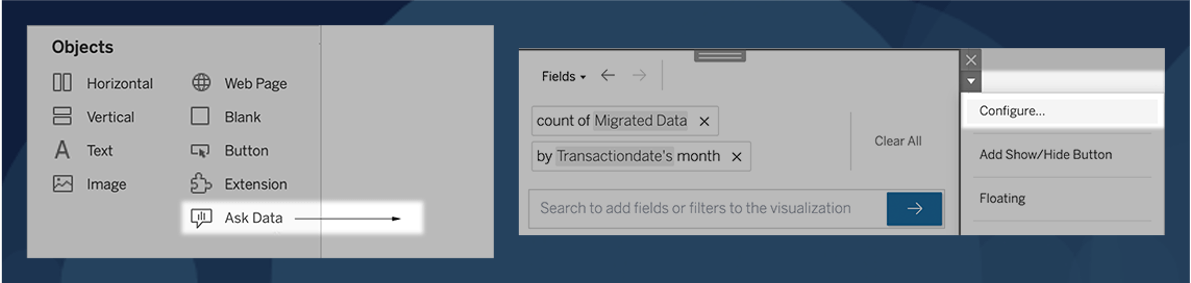 A composite of two images of the Tableau interface showing a user dragging the Ask Data dashboard object onto the canvas and then configuring the Ask Data lens