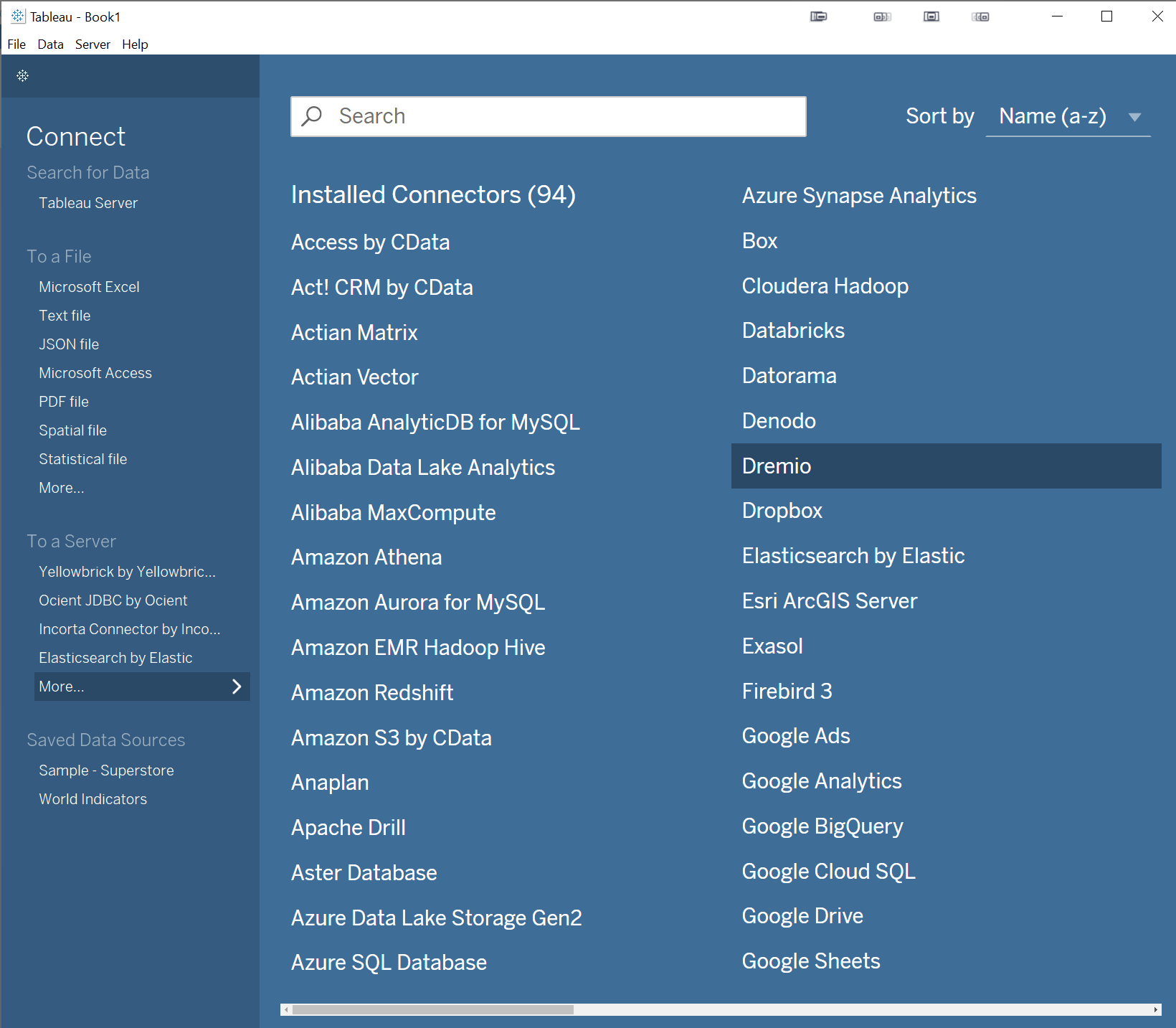 Tableau Desktop Connect pane, displaying a large list of data sources with Dremio highlighted.