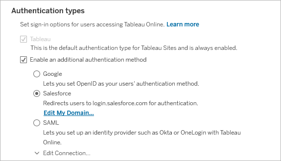 Tableau Online interface displaying authentication types in the Settings, where the option to authenticate using Salesforce credentials is selected