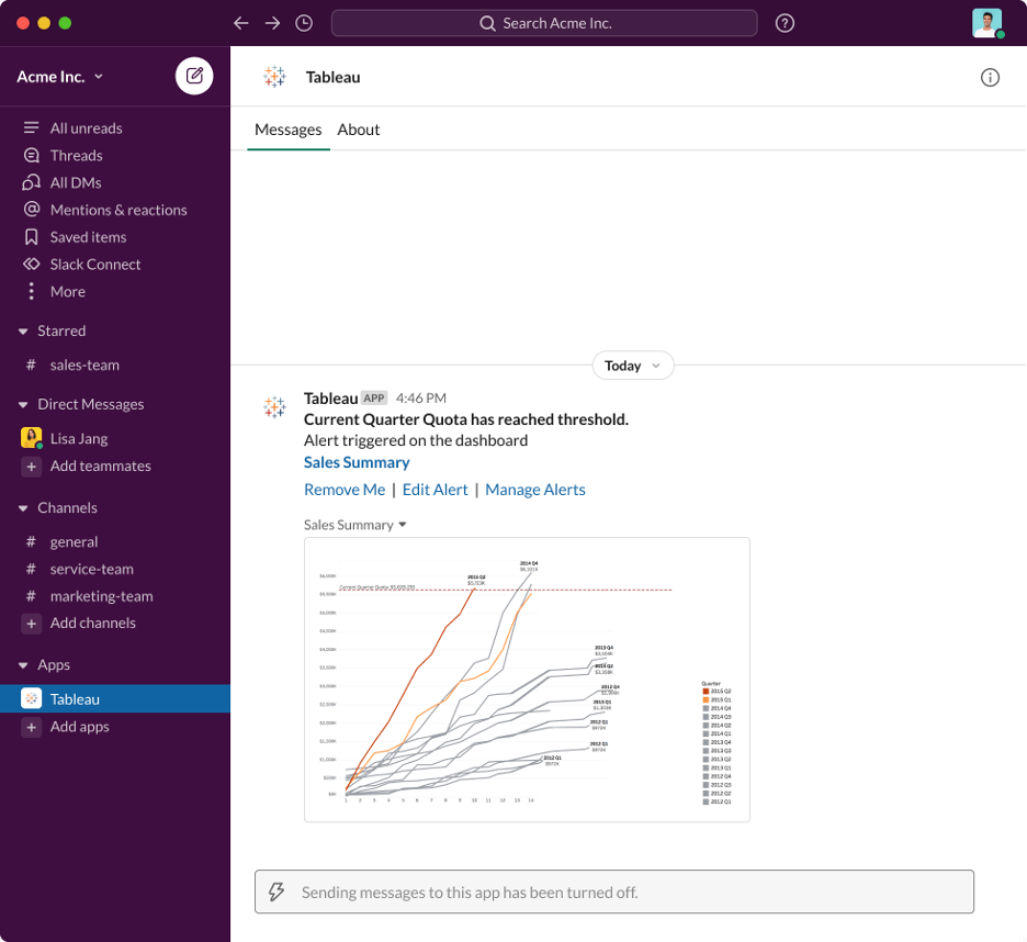 Image of a Slack window showing a notification from the Tableau for Slack app that reads "Current Quarter Quota has reached threshold," with a screenshot of a Tableau dashboard that has a line chart showing a Sales Summary for the quarter.  