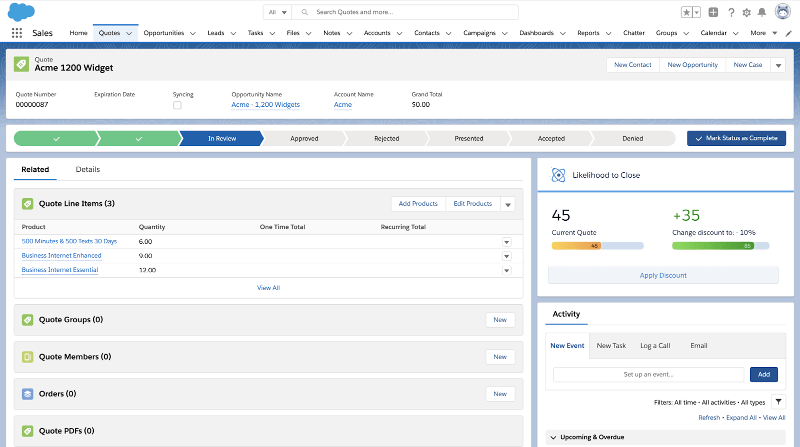 Salesforce dashboard quote for Acme 1200 Widget showing analytics insights for likelihood to close and recommendation for offering 10% discount 