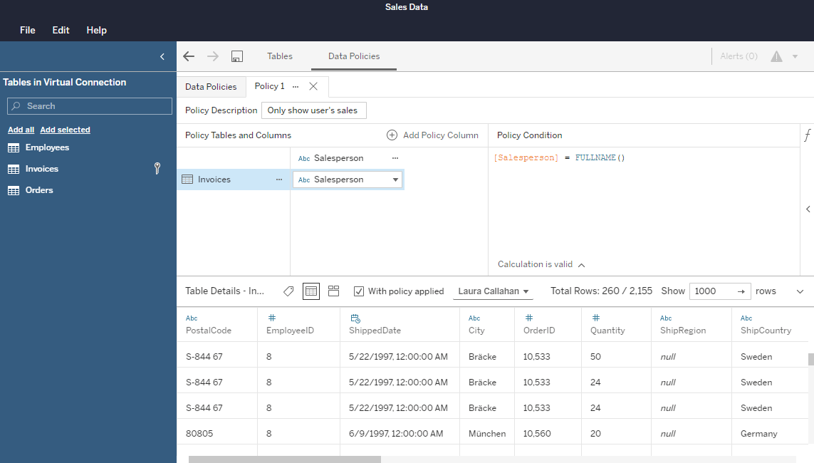 Tableau administrative interface showing a row-level security policy for a virtual connection to a database of invoices, ensuring that a salesperson will only see the data related to their accounts.