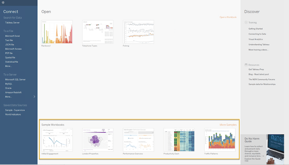 Image of Tableau Desktop with five sample workbooks located at the bottom of the screen, including four sample workbooks labeled "InMail engagement," "London Properties," "Performance Overview," "Productivity Dash," and "Traffic Patterns."