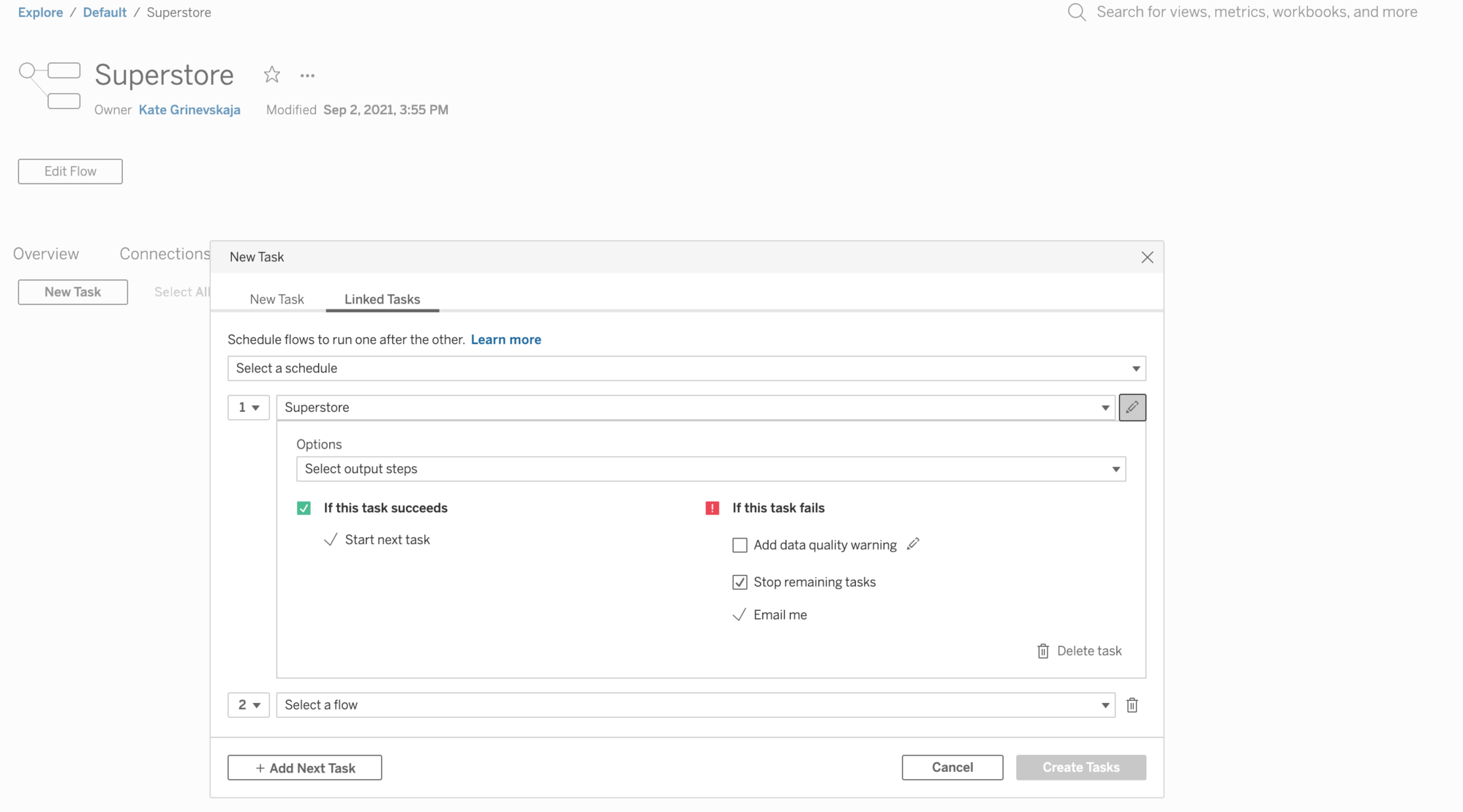 The Tableau Prep Conductor interface showing a New Task window and Linked Task tab, with options to configure actions if a flow run succeeds or fails.