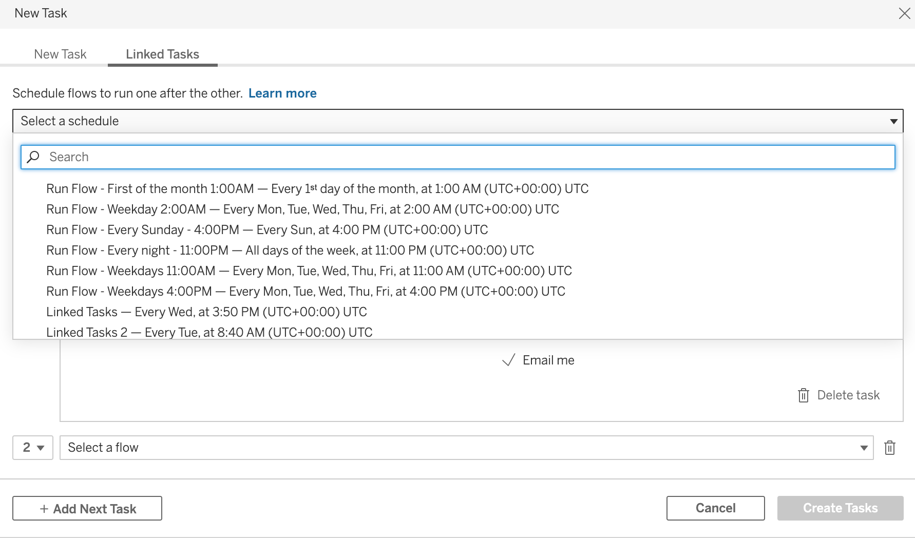 The Tableau Prep Conductor interface showing a New Task window and Linked Task tab, a drop-down list of options for scheduling a flow to run.