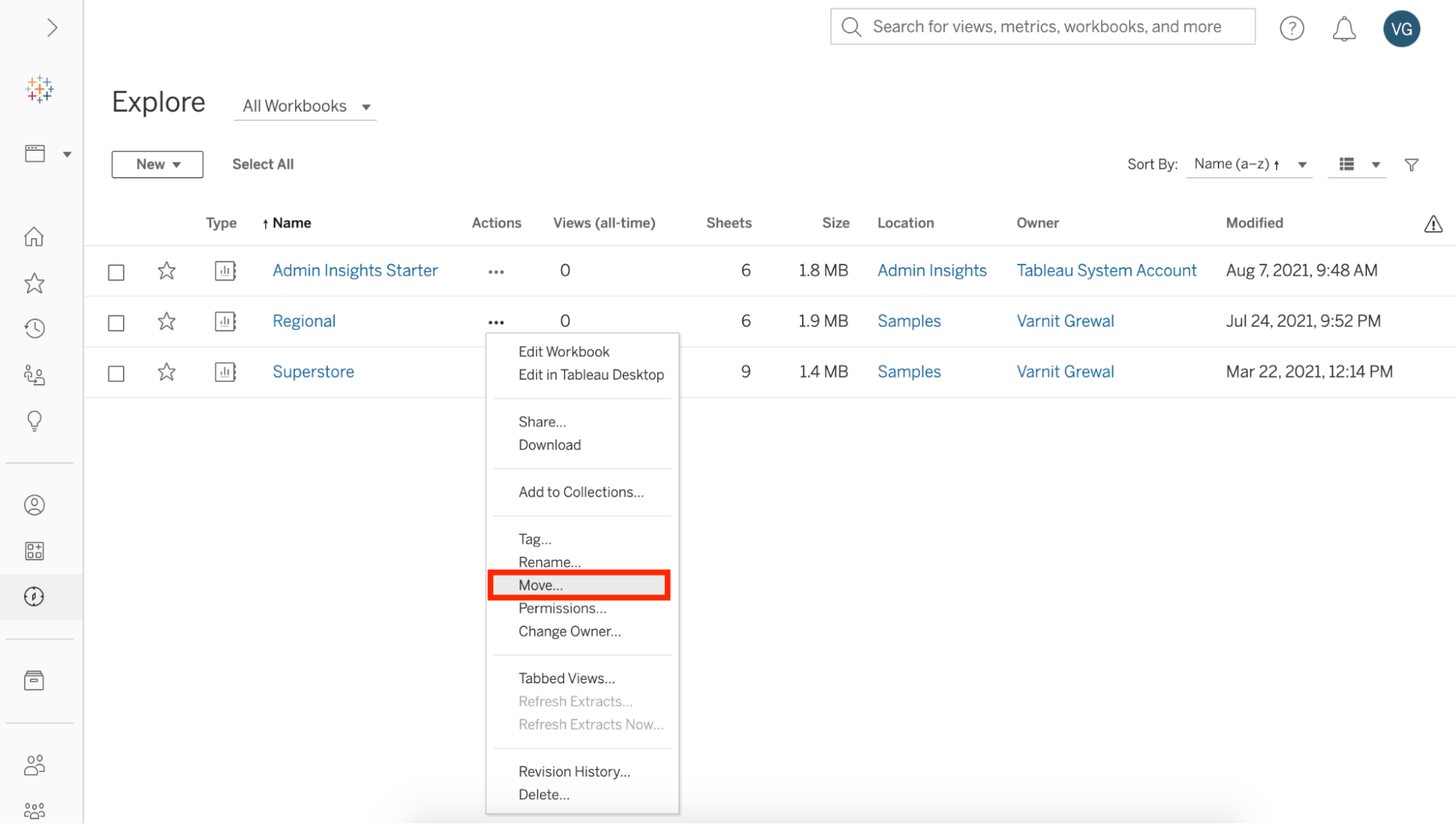 Tableau interface showing the Explore page where the user is selecting a workbook to move into their Personal Space using the Actions menu.