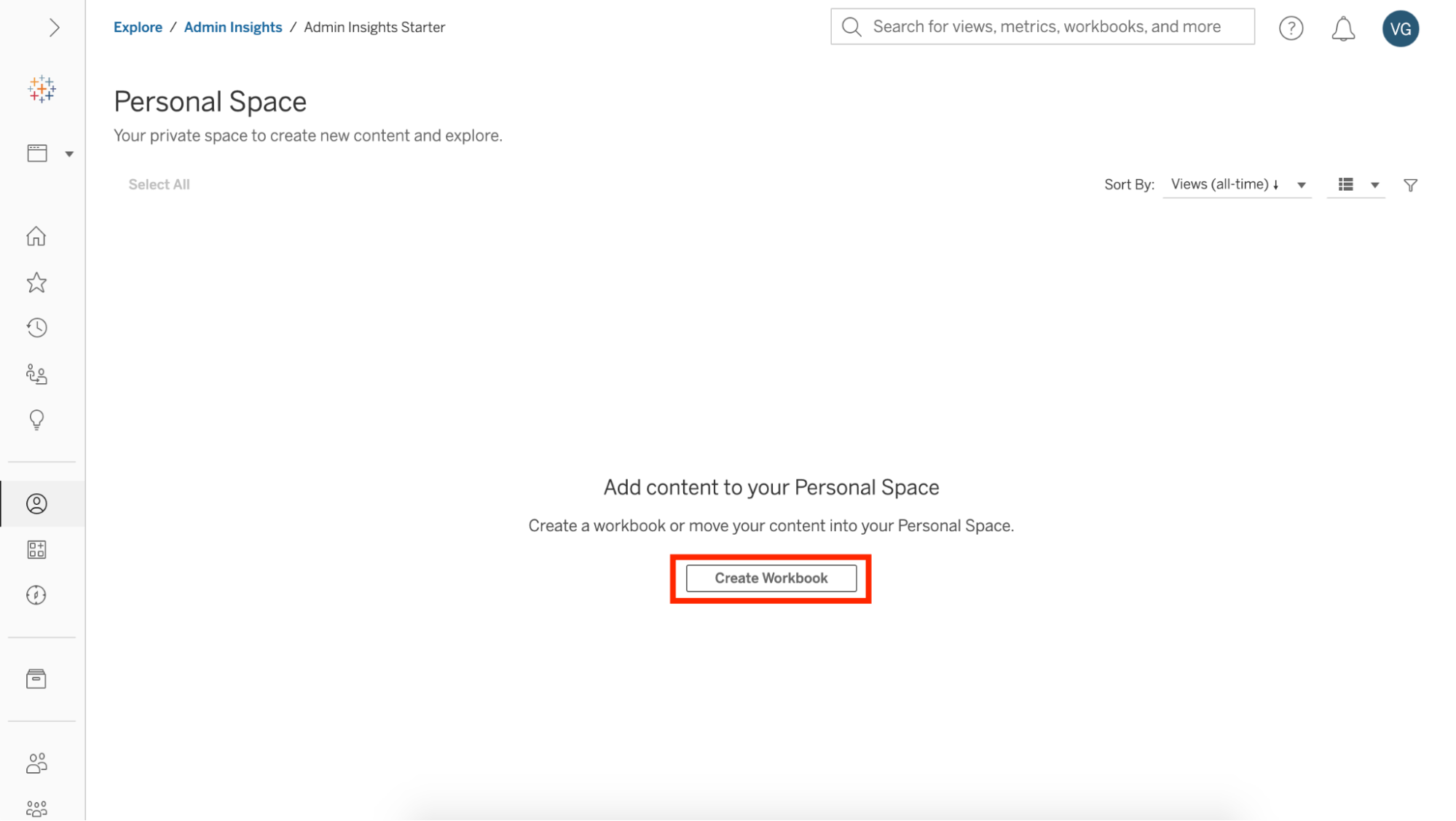 Tableau interface showing an empty Personal Space within a site—without content, the user is prompted by a button to create a workbook.