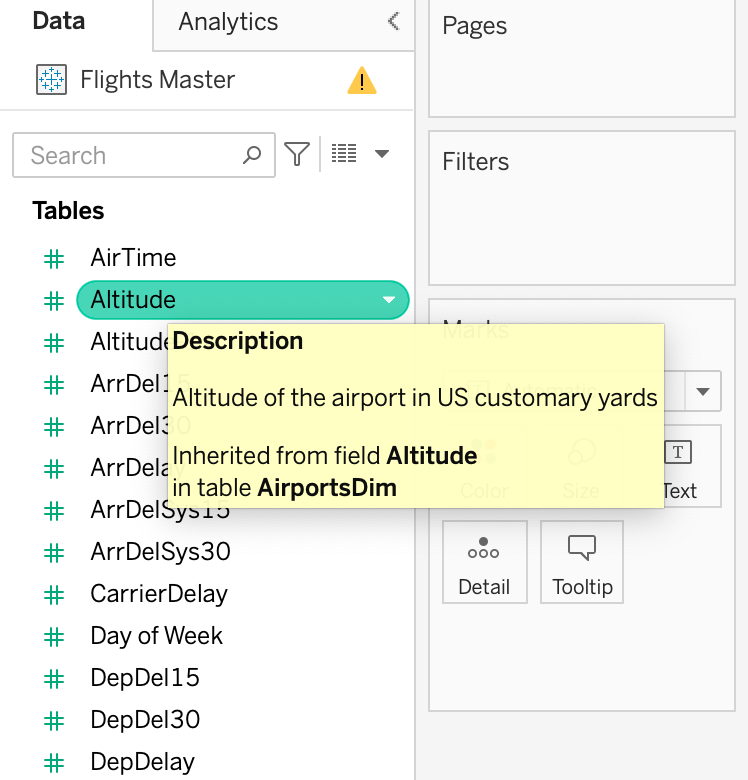 The Tableau web editing interface showing an inherited description in a tooltip as the user hovers over a field in the Tables list.