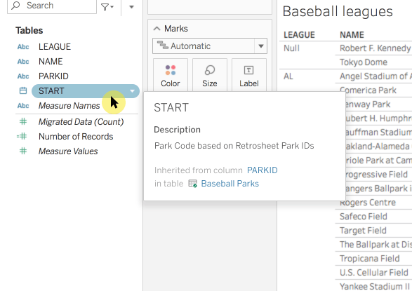 The Tableau Desktop interface showing an inherited description in a tooltip as the user hovers over a field in the Tables list.