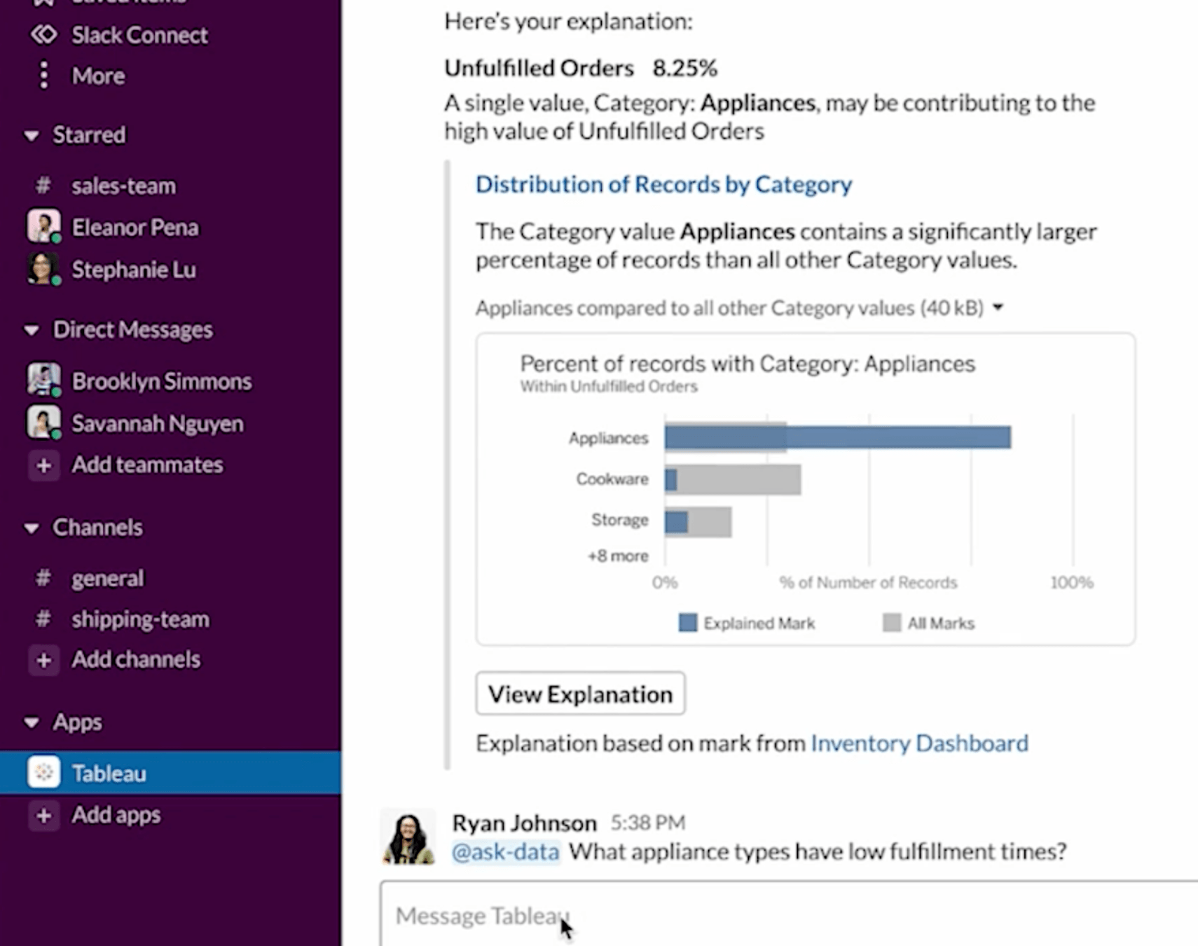 Dial into your data with AI—whether getting the why behind your KPI or using natural language to build visualizations—right within Slack.