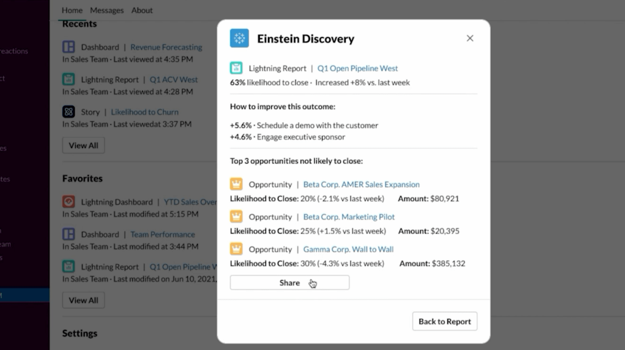 Slack screen with Einstein Discovery dialog box open, displaying AI predictions for a pipeline Lightning Report, with the option to share within Slack