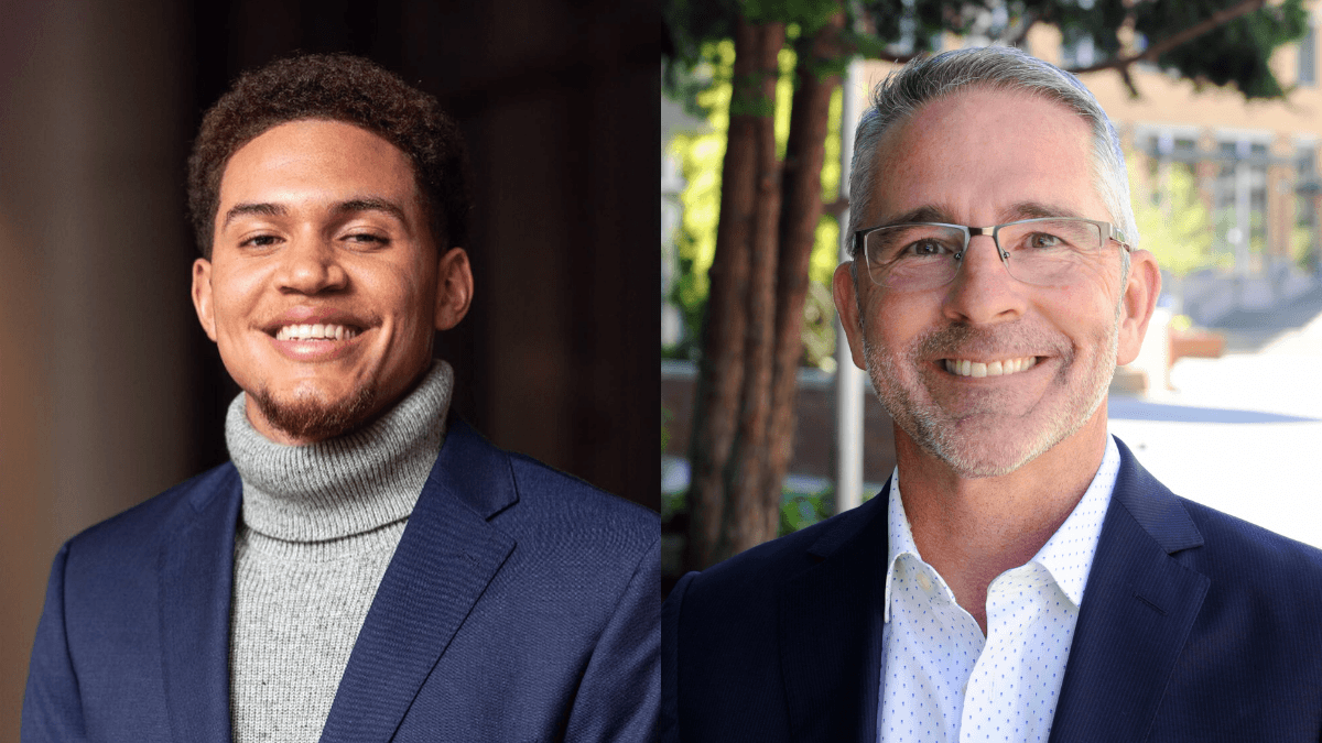 young man in turtleneck and blazer with man with glasses and white shirt and blue blazer