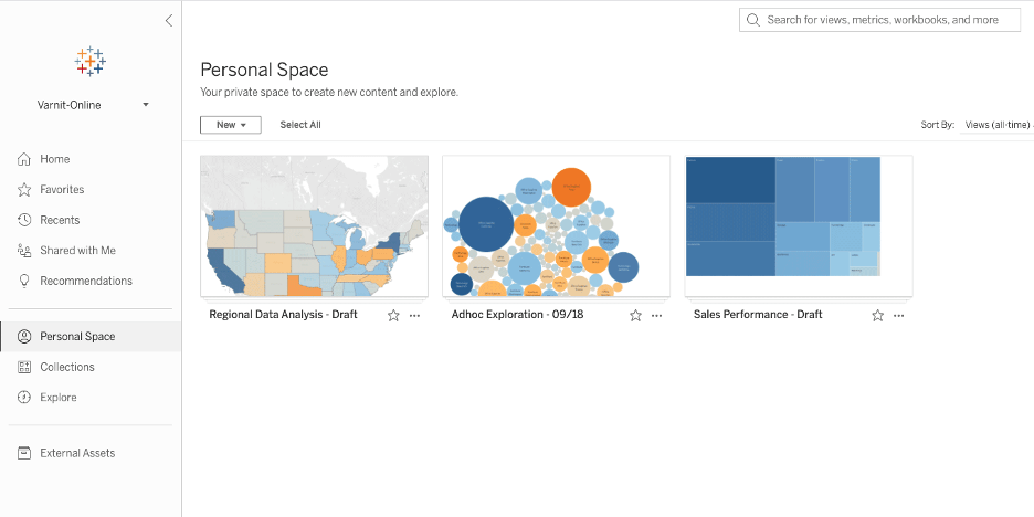 Tableau interface showing the Personal Space within a site, populated with a few workbooks of draft content.