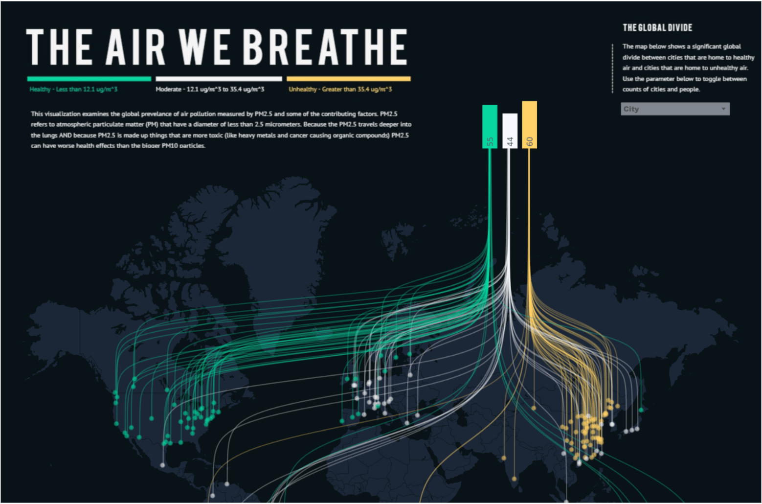 “The air we breath” data visualization with air quality overlaid onto a greyscale world map. Green for healthy, White for moderate; Orange for unhealthy