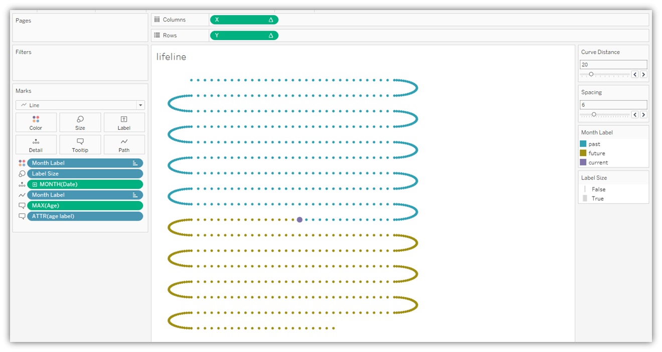 Work-in-progress view of creating a path chart in Tableau with a snaking lifeline with teal representing years already lived and tan representing years left to live