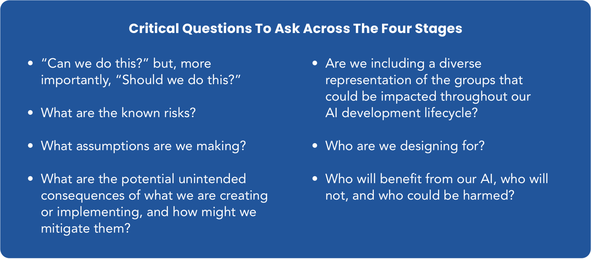 questions to ask across four stages of the Salesforce Ethical AI Maturity Model. For example, "Can we do this?" but, more importantly, "Should we do this?
