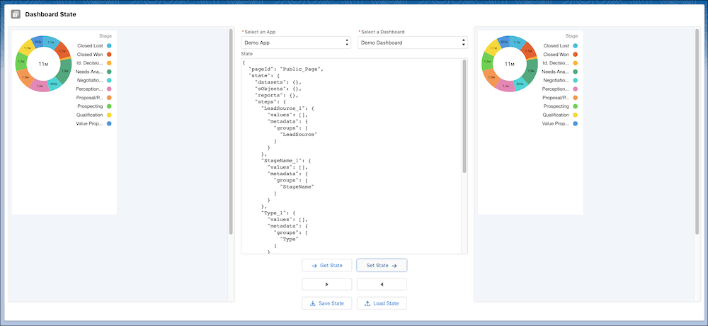 A Salesforce Lightning Page with components for getState and getState functionality, plus embedded wave:dashboard components to display dashboard state changes.
