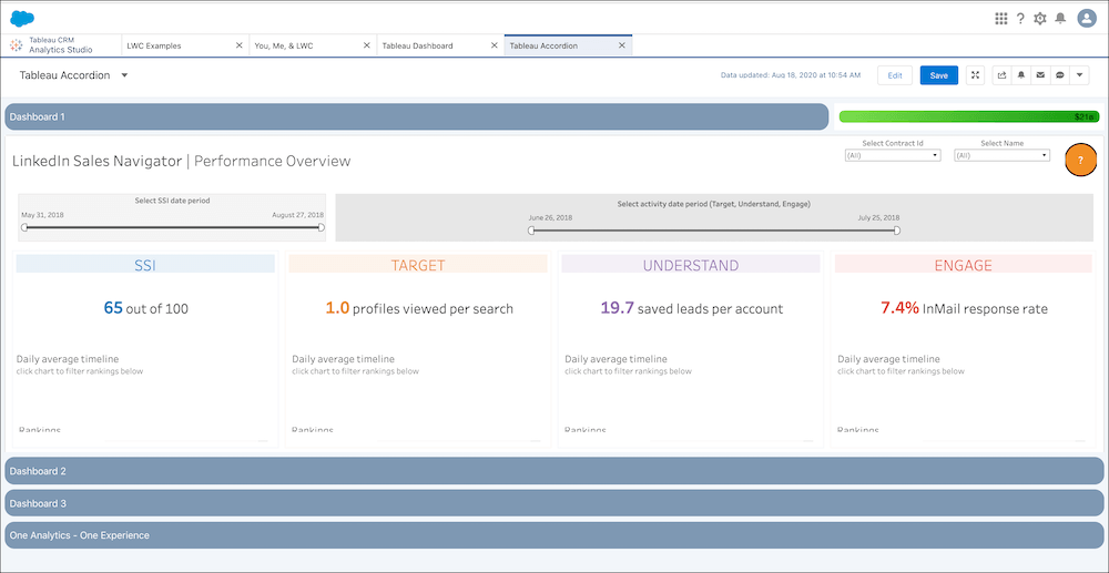 A custom Lightning Web Component embedded a Tableau dashboard inside a Tableau CRM dashboard.