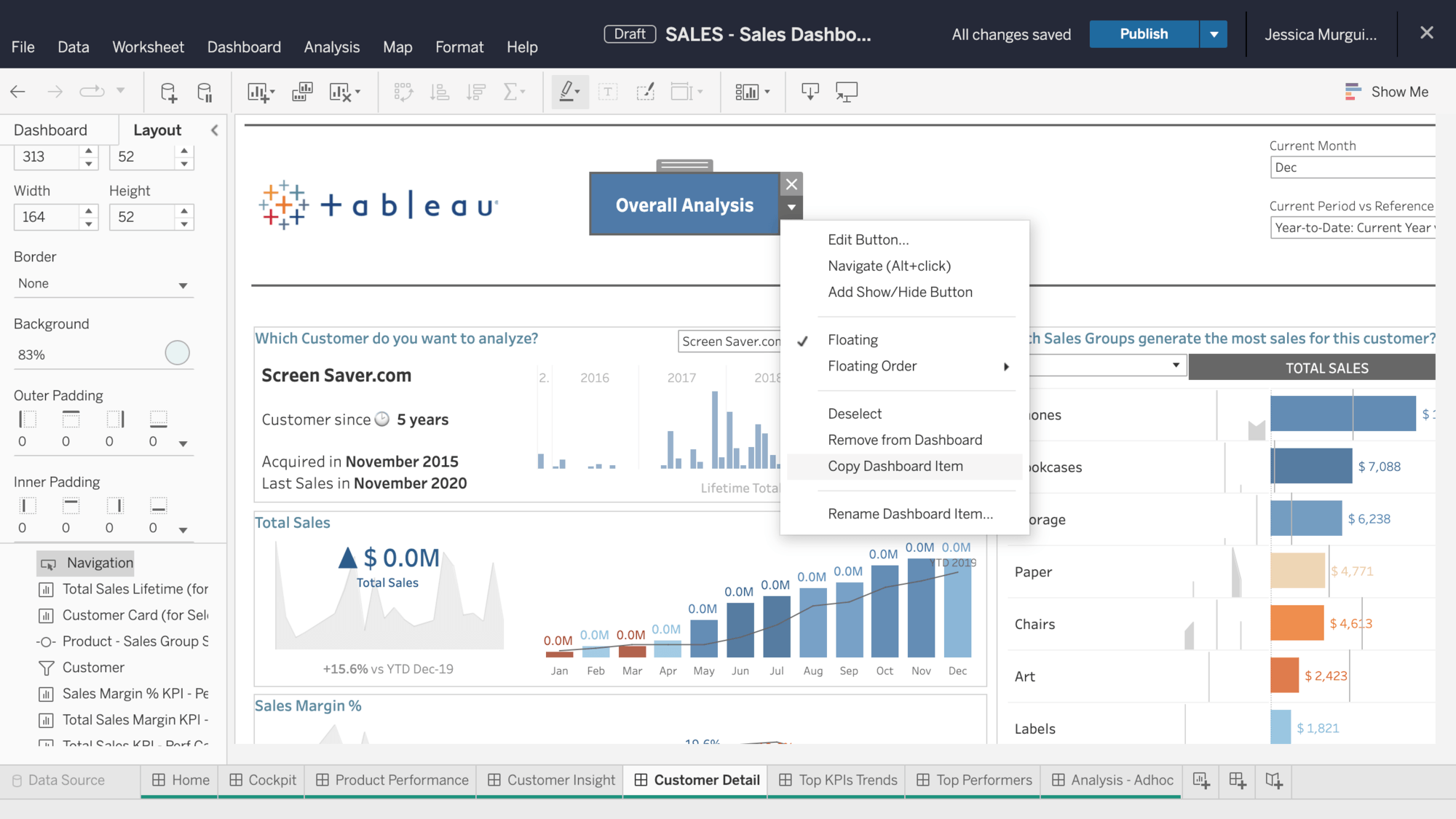 A Tableau dashboard where the user has right-clicked on a dashboard zone, and the menu shows the new capability to “Copy Dashboard Item”