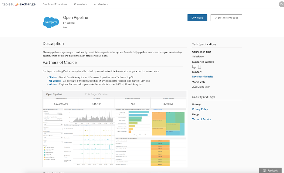 Screenshot of the Open Pipeline Tableau Accelerator listing on the Tableau Exchange.