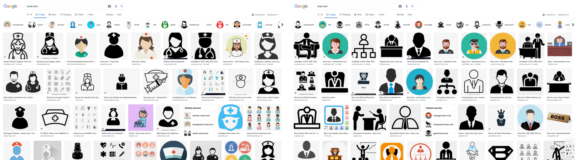 Screen captures of two Google Images searches: “nurse” (predominantly female images) and “boss” (predominantly male imagery)