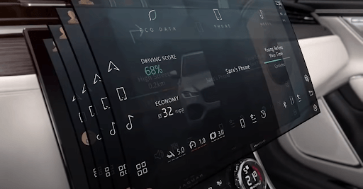 In-car display showing a range of data: eco data (driving score, fuel economy); phone; and media