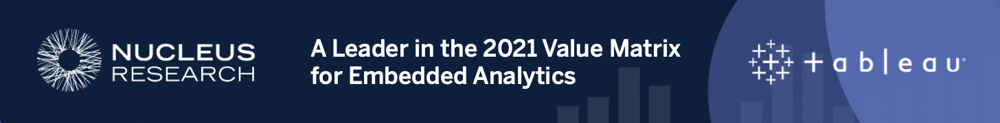 Dark blue background with Nucleus Research logo naming Tableau as Leader in  2021 Embedded Analytics Value Matrix