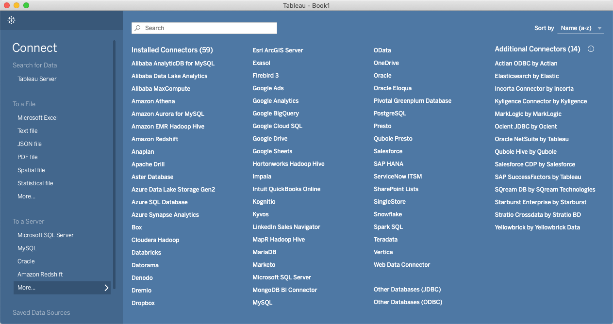 An image of the dozens of data sources you can connect to in Tableau.