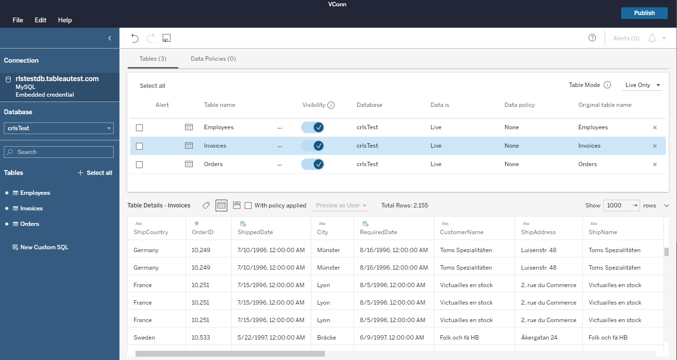 Tableau interface where a user is creating a virtual connection for a data source containing three tables, showing table details for one selected table of the three.