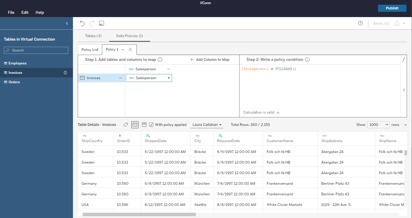 Tableau interface where a user can create and manage data policies for virtual connections, which enables row-level security.