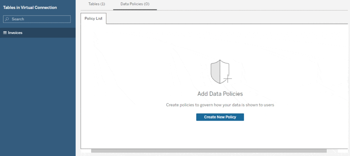 An animated GIF showing the Tableau Virtual Connection management interface where an admin is creating a data policy for row-level security, such that a salesperson will only see the data that pertains to them.