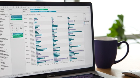 紫色咖啡杯旁边的屏幕上显示有彩色直观的 Tableau 图形