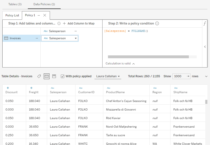 The Tableau Virtual Connection management interface showing how an admin can validate row-level security of a data policy by viewing the rows of data that a specific salesperson would see.