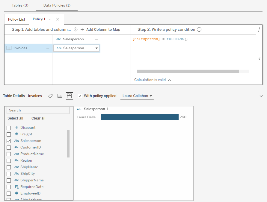 The Tableau Virtual Connection management interface showing how an admin can validate row-level security of a data policy by viewing a histogram to confirm that for a specific salesperson, only the rows of data associated with them have been populated.