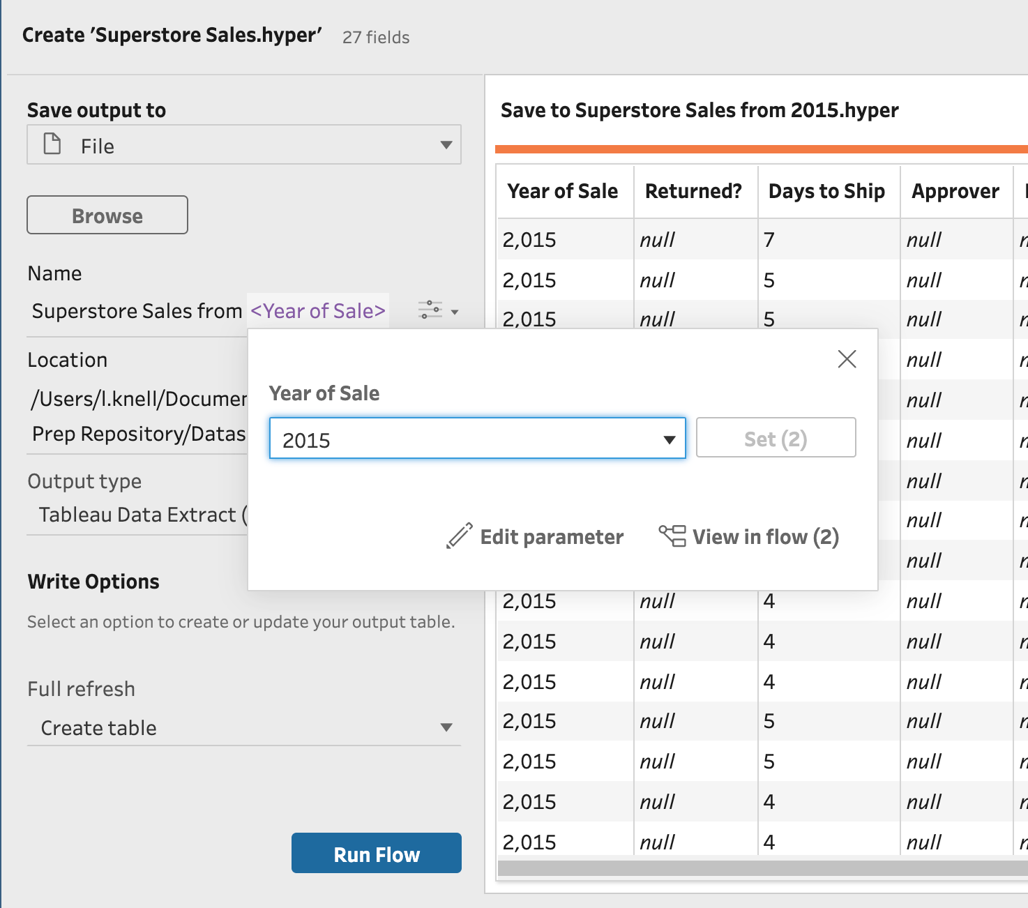 The Tableau Prep Builder interface, showing the user configuring the output step using a parameter to replace the end of the filename with the year of sale—in this example, 2015.